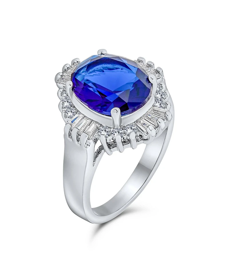 Bling Jewelry Art Deco Style Royal Blue Oval Baguette Halo 6CT Cz Solitaire Statement Promise Ring Silver Plated