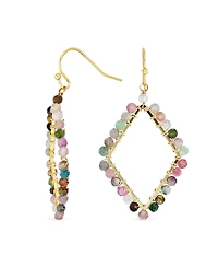 Bling Jewelry Geometric Wire Wrap Cluster Linear Fish Hook Multi Color Natural Fluorite Long Lightweight Rhombus Shape Dangle Earrings Gold Plated