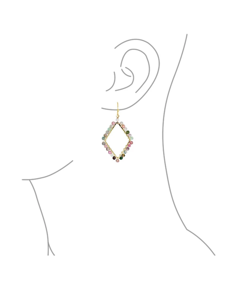 Bling Jewelry Geometric Wire Wrap Cluster Linear Fish Hook Multi Color Natural Fluorite Long Lightweight Rhombus Shape Dangle Earrings Gold Plated