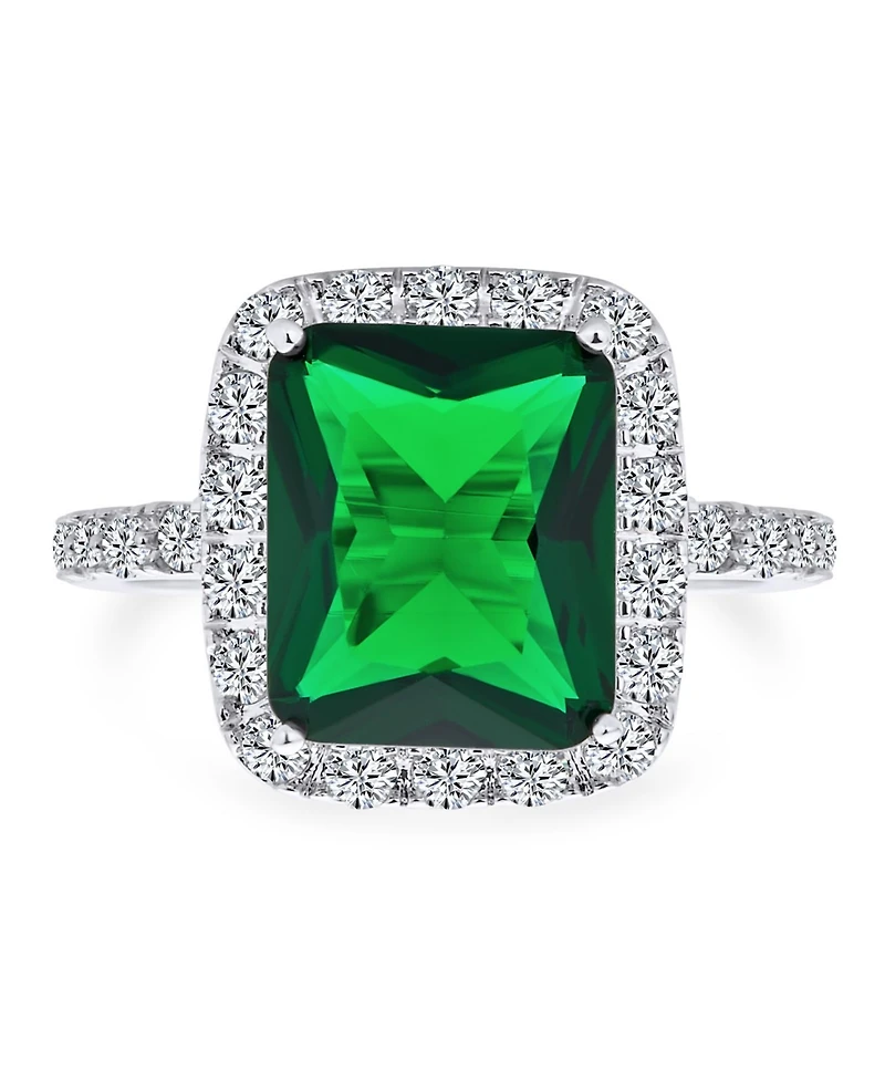 Bling Jewelry Fashion Rectangle Solitaire Cubic Zirconia Cz Pave Halo Green Art Deco Style 10CT Cocktail Statement Ring Silver Plated