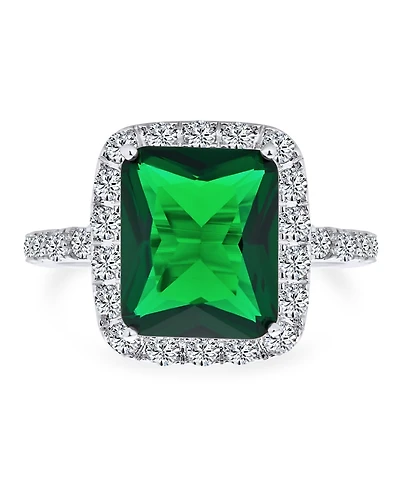Bling Jewelry Fashion Rectangle Solitaire Cubic Zirconia Cz Pave Halo Green Art Deco Style 10CT Cocktail Statement Ring Silver Plated