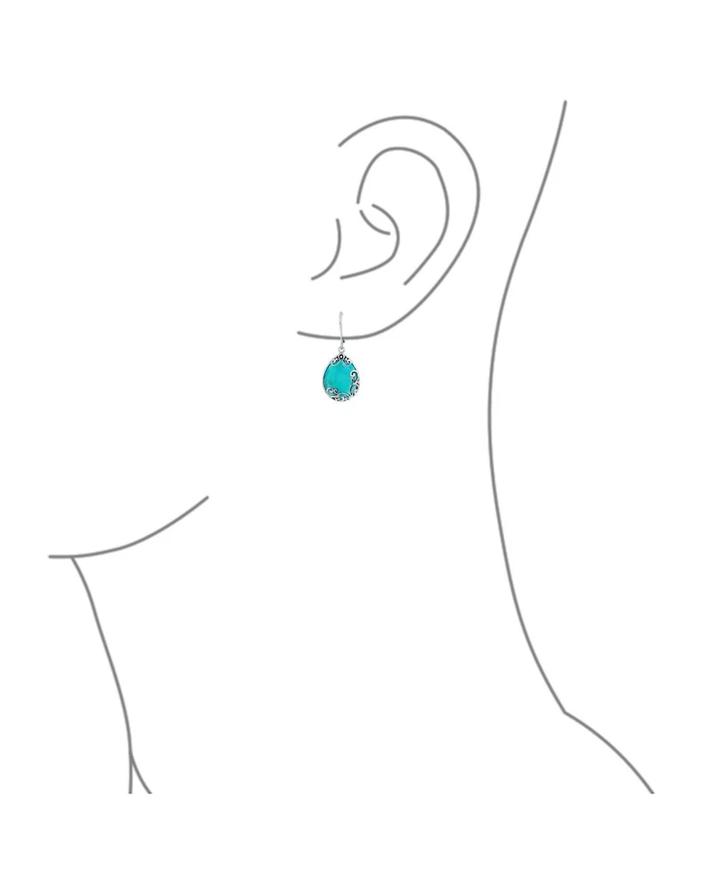 Bling Jewelry Boho Western Large Flat Teardrop Natural Stone Filigree Scroll Lever Back Dangle Earrings Oxidized .925 Sterling Silver