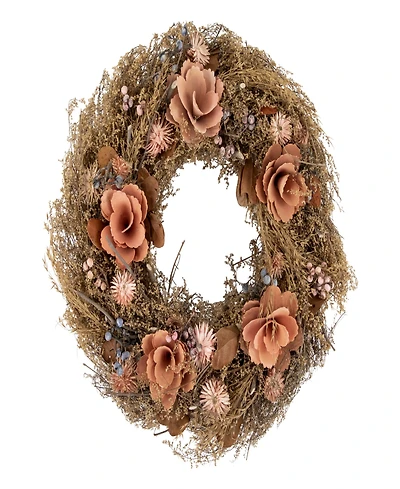 Orange and Coral Pink Twig and Floral Autumn Harvest Wreath 13.75" Unlit