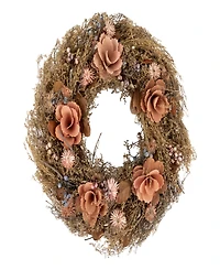 Orange and Coral Pink Twig and Floral Autumn Harvest Wreath 13.75" Unlit