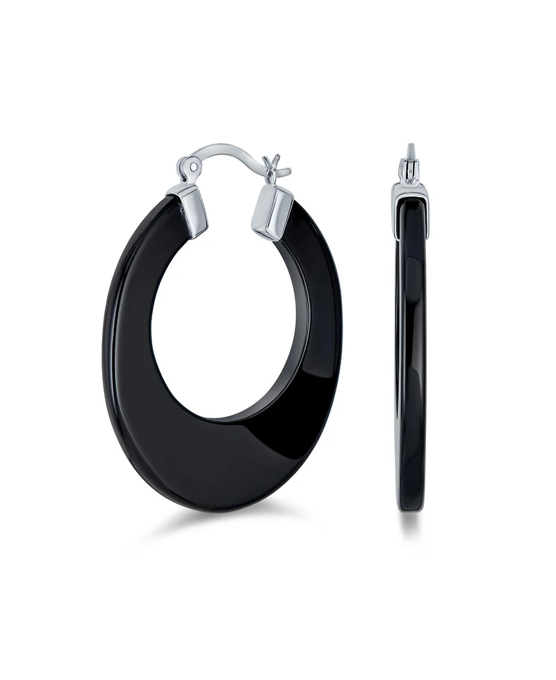 Bling Jewelry Wide Flat Stone Large Oval Hoop Earrings Sterling Silver 1.5 Inch Diameter