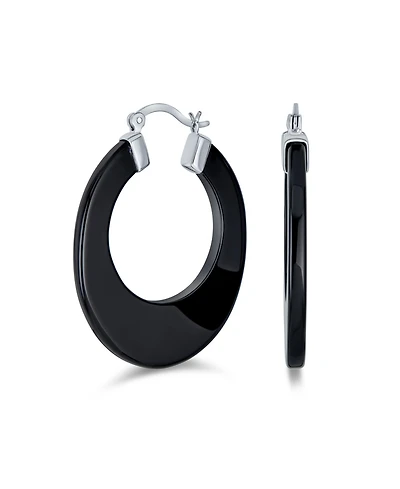 Bling Jewelry Wide Flat Stone Large Oval Hoop Earrings Sterling Silver 1.5 Inch Diameter