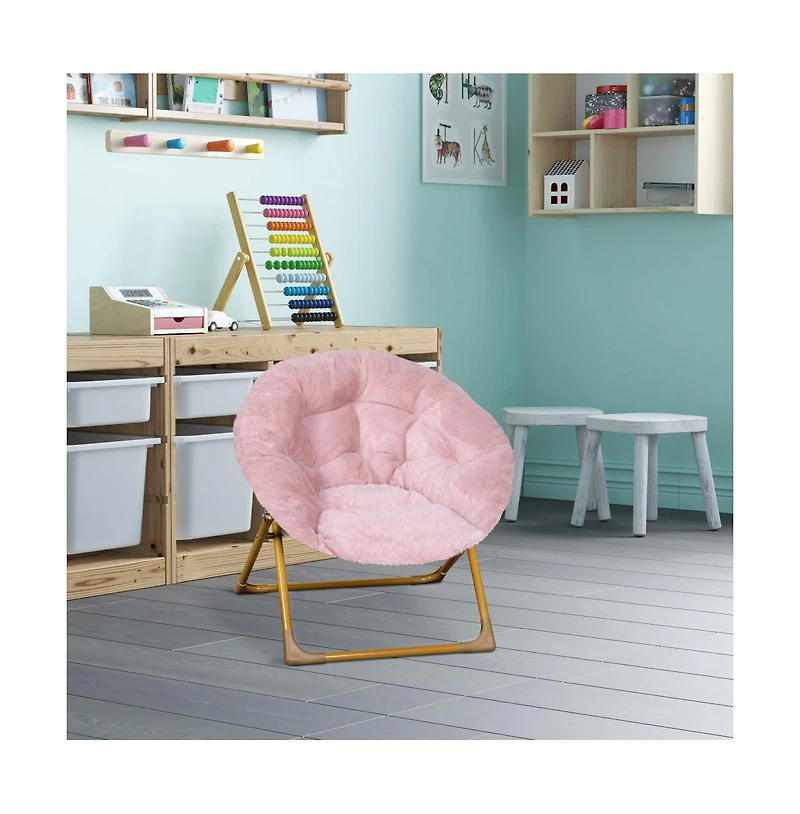 Io Kid'S Folding Saucer Chair With Cozy Faux Fur Upholstery And Metal Frame For Playroom, Bedrooms, Nursery More