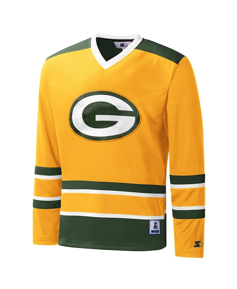 Men's Starter Gold Green Bay Packers Cross-Check V-Neck Long Sleeve T-shirt