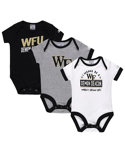 Infant Boys and Girls Champion Black, Heather Gray Wake Forest Demon Deacons I Wanna Be Three-Pack Bodysuit Set