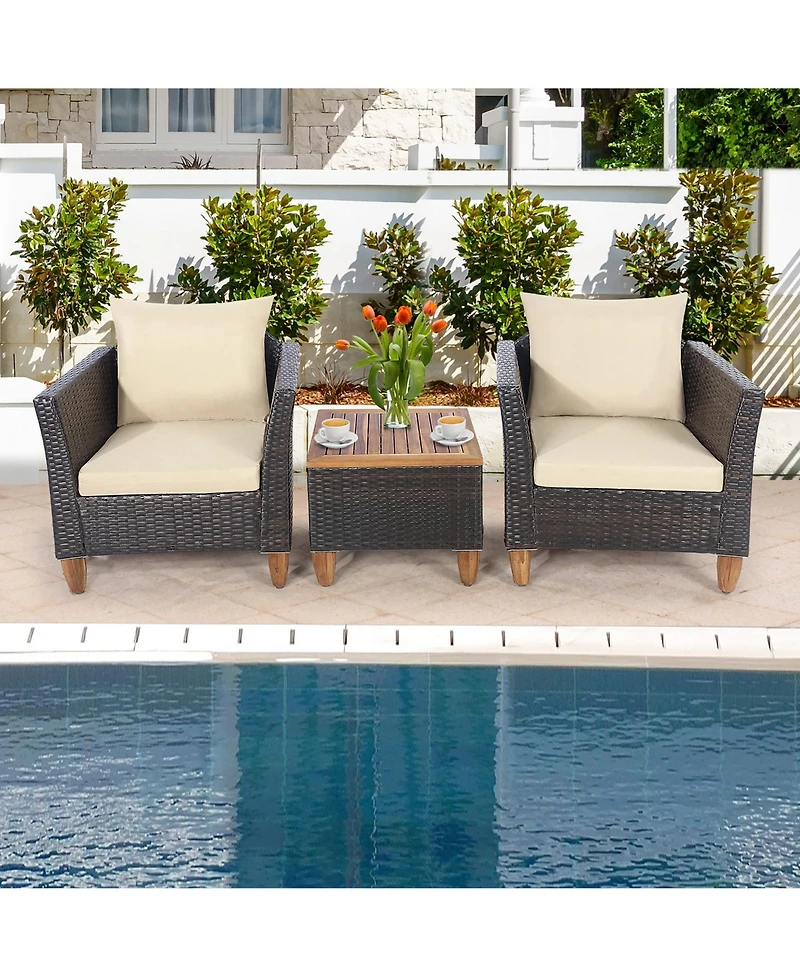Costway 3PCS Patio Rattan Bistro Furniture Set Wood Table Top Cushion Sofa