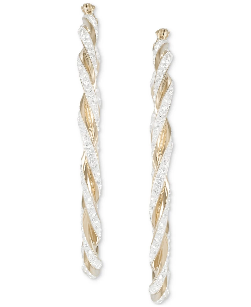 Crystal Pave Twist Style Medium Hoop Earrings, 2"