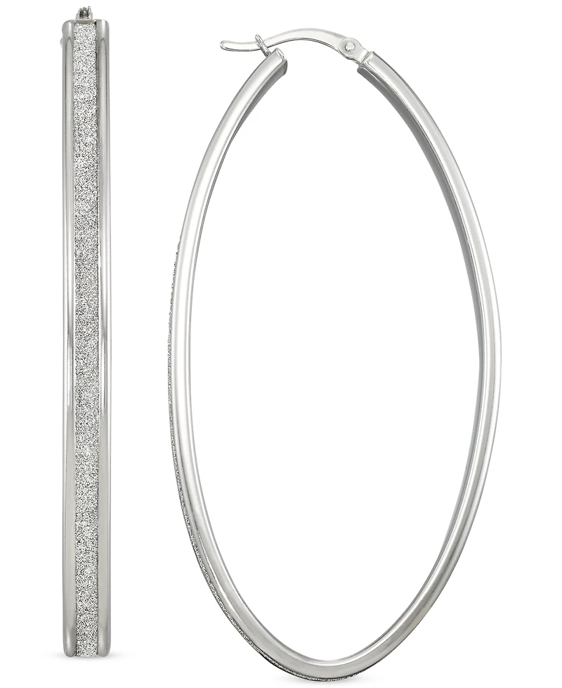 Glitter Oval-Shape Hoop Earrings in Sterling Silver
