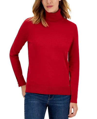 Tommy Hilfiger Women's Cotton Solid Button Cuff Turtleneck Sweater