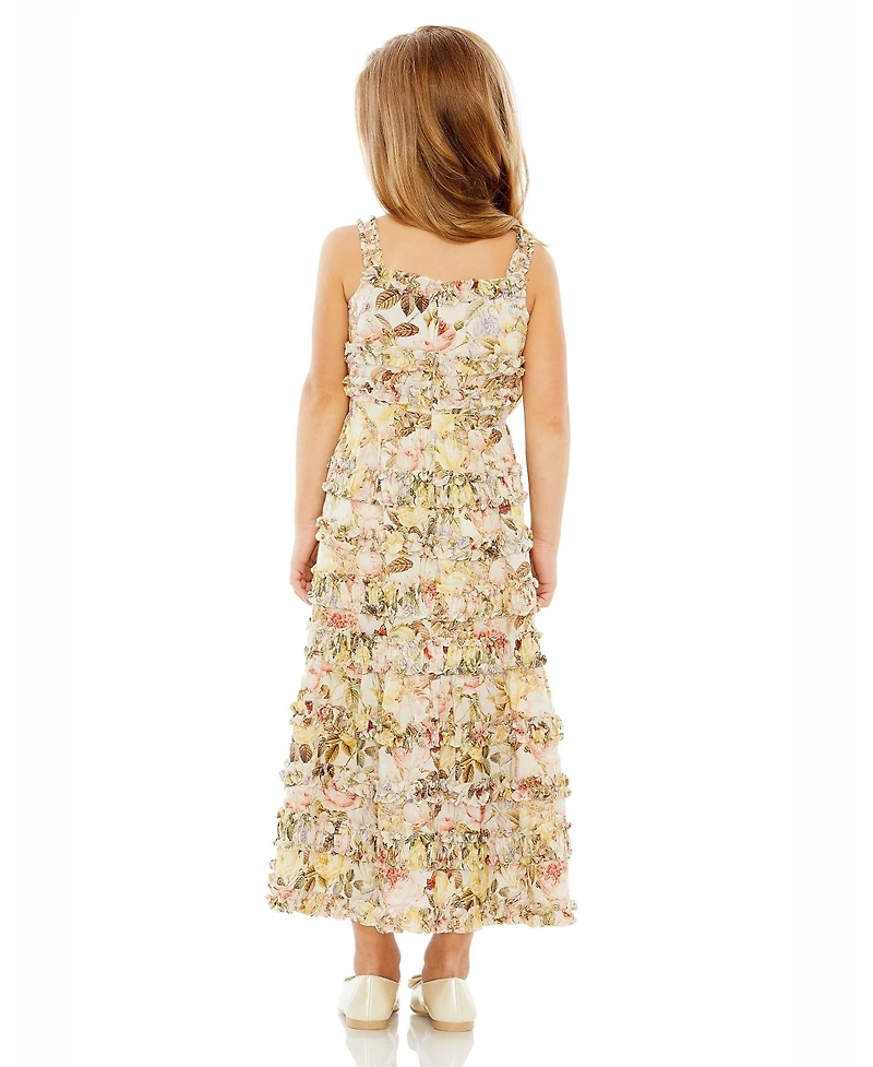 Mac Duggal Big Girls Floral Print Ruffle Tiered Midi Dress