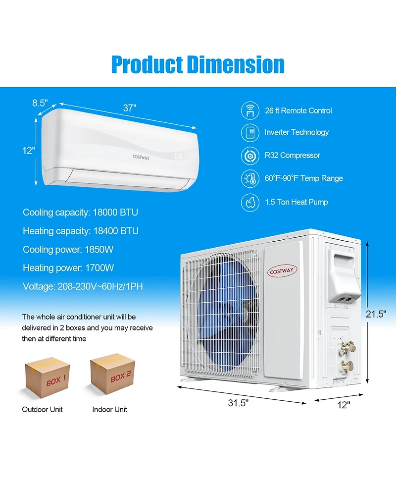 18000 Btu Mini Split Air Conditioner & Heater 19 SEER2 1250 Sq. Ft Coverage