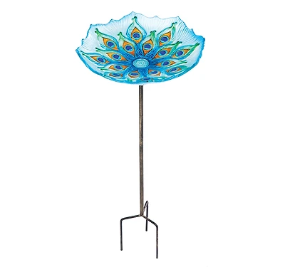 Evergreen Peacock Glass Bird Bath with Metal Stake