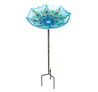 Evergreen Peacock Glass Bird Bath with Metal Stake