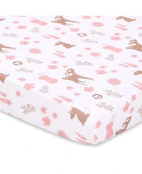 The Peanutshell Woodland Floral 3-Pack Fitted Playard Sheets in Pink, Tan and White