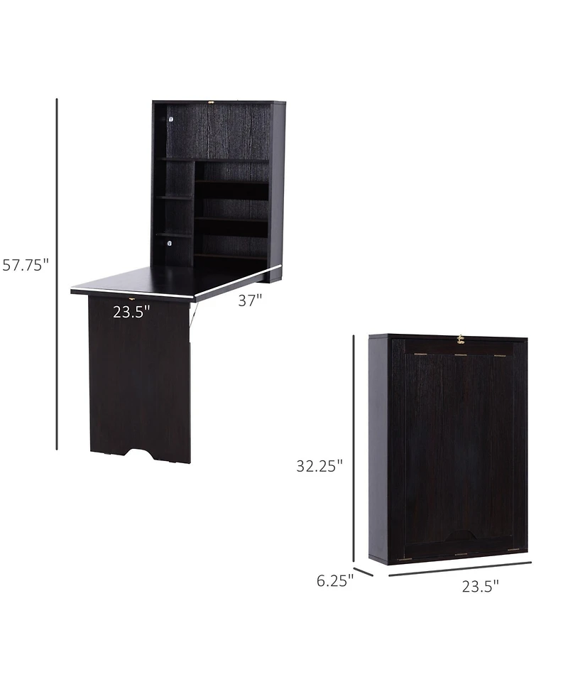 Homcom Wall Mounted Fold Out Convertible Desk, Multi-Function Floating Desk with Storage Shelf for Home Office, Espresso Brown