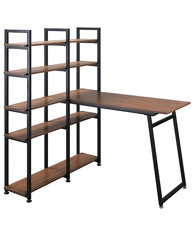 Homcom 5 Tier Versatile L-Shaped Computer Desk, Writing Table with Display Shelves and Metal Frame, Space-Saving for Study, Home Office, Walnut