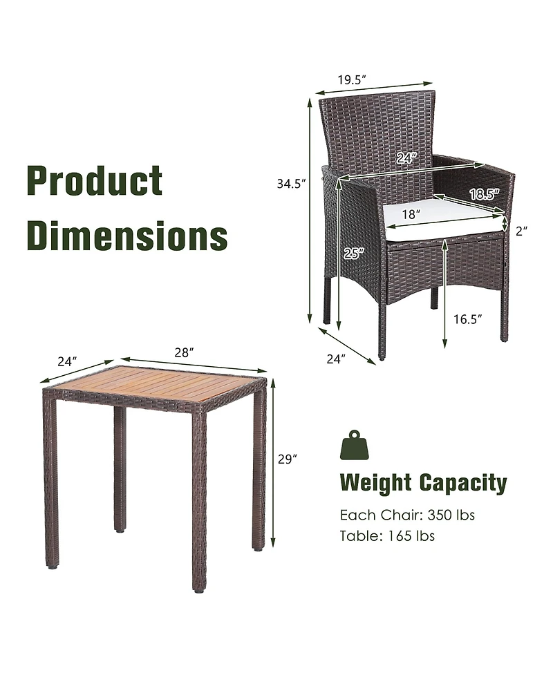 Costway 3PCS Patio Wicker Dining Set Acacia Wood Table Top with Cushioned Chairs Garden