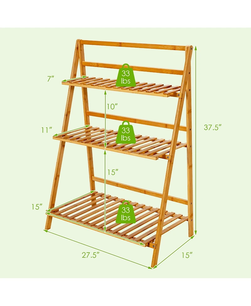 3 Tier Outdoor Bamboo Flower Pot Shelf Stand Folding Display Rack Garden Yard