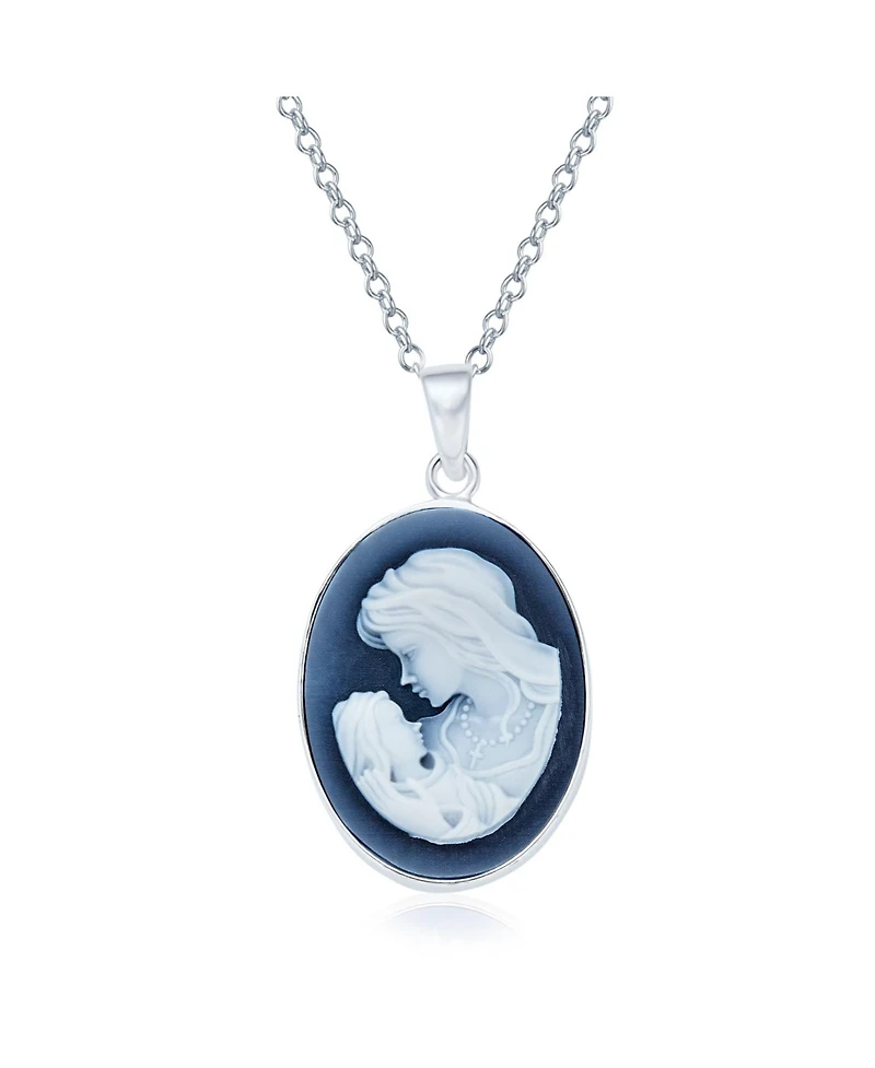 Bling Jewelry Classic Blue White Carved Oval Simple Framed Victorian Lady Portrait Mother and Child Cameo Pendant Necklace Wife Sterling Silver