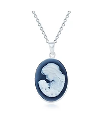 Bling Jewelry Classic Blue White Carved Oval Simple Framed Victorian Lady Portrait Mother and Child Cameo Pendant Necklace Wife Sterling Silver