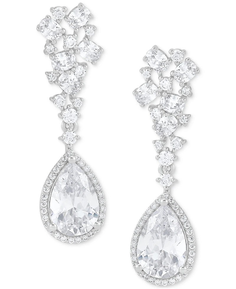 Arabella Cubic Zirconia Pear Halo Cluster Drop Earrings in Sterling Silver