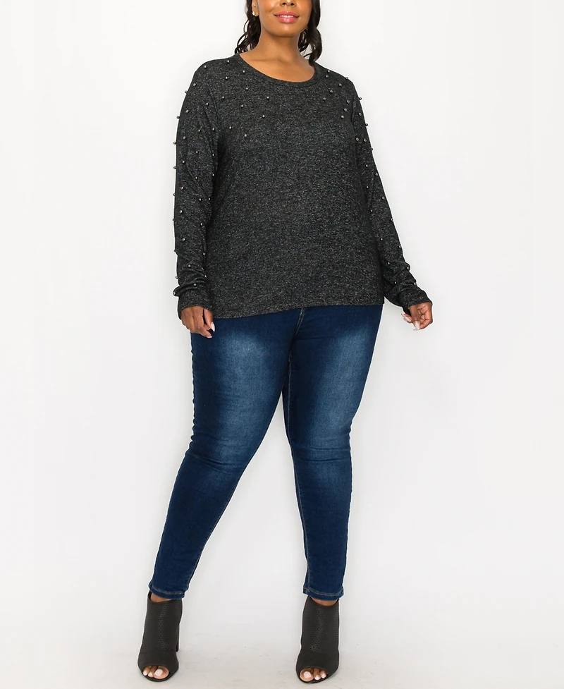 Coin 1804 Plus Size Cozy Long Sleeve Pullover Top with Gunmetal Studs