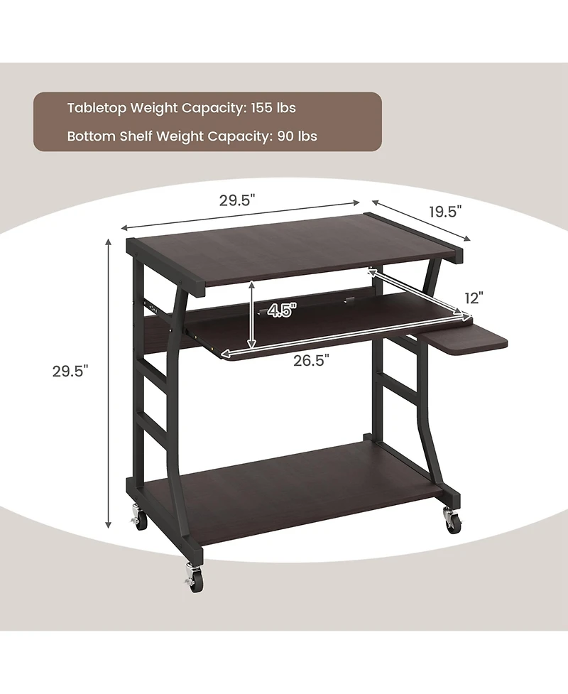 Costway 29.5'' Mobile Computer Desk Rolling Laptop Cart with Pull-out Keyboard Tray & Shelf