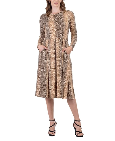 24seven Comfort Apparel Women's Print Long Sleeve Pleated Midi Dress
