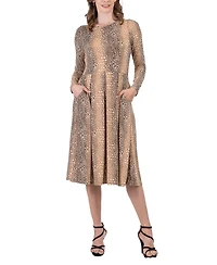 24seven Comfort Apparel Women's Print Long Sleeve Pleated Midi Dress