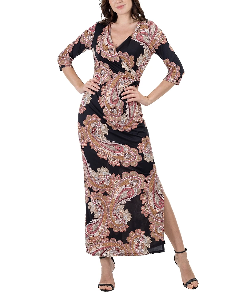 24seven Comfort Apparel Women's Paisley Sleeve Side Slit Maxi Dress