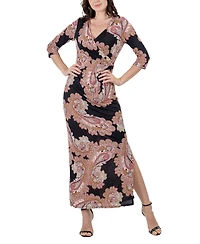 24seven Comfort Apparel Women's Paisley Sleeve Side Slit Maxi Dress