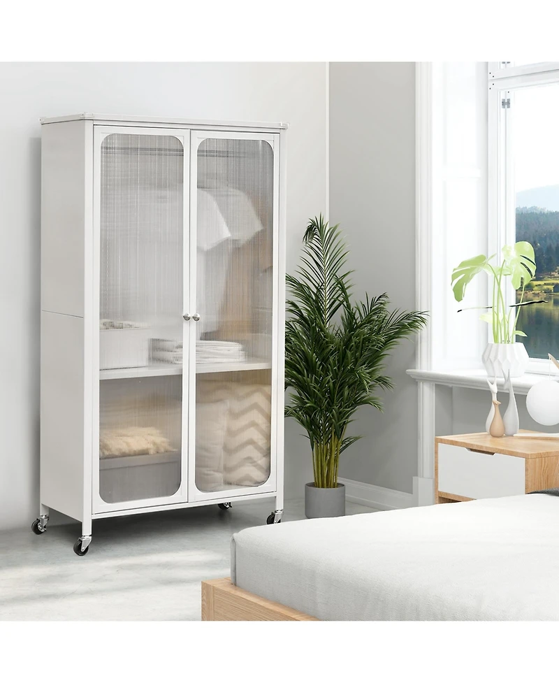 Storage Wardrobe Cabinet Mobile Armoire Closet with Hanging Rod & Adjustable Shelf