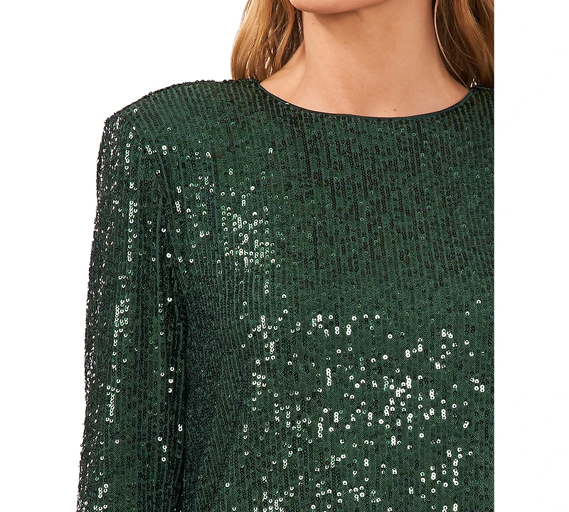 CeCe Women's Long Sleeve Crew Neck Sequin Blouse