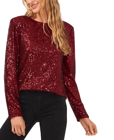 CeCe Women's Long Sleeve Crew Neck Sequin Blouse