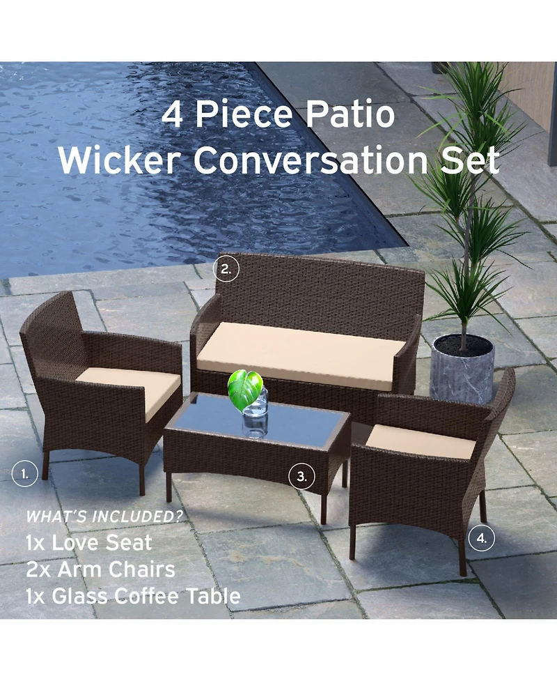 4-Seater Outdoor Wicker Patio Conversation Set - 4 Piece Set