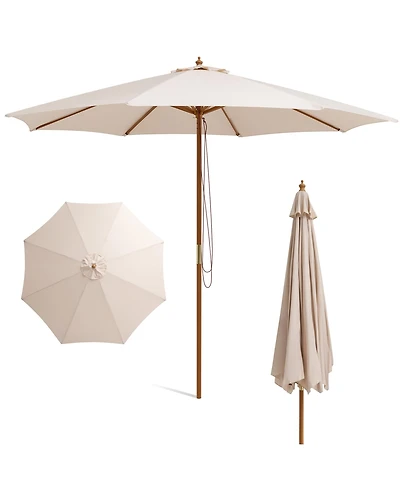 Costway 10FT Patio Wooden Market Table Umbrella Pulley w/8 Bamboo Ribs Sunshade Canopy