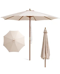 Costway 10FT Patio Wooden Market Table Umbrella Pulley w/8 Bamboo Ribs Sunshade Canopy