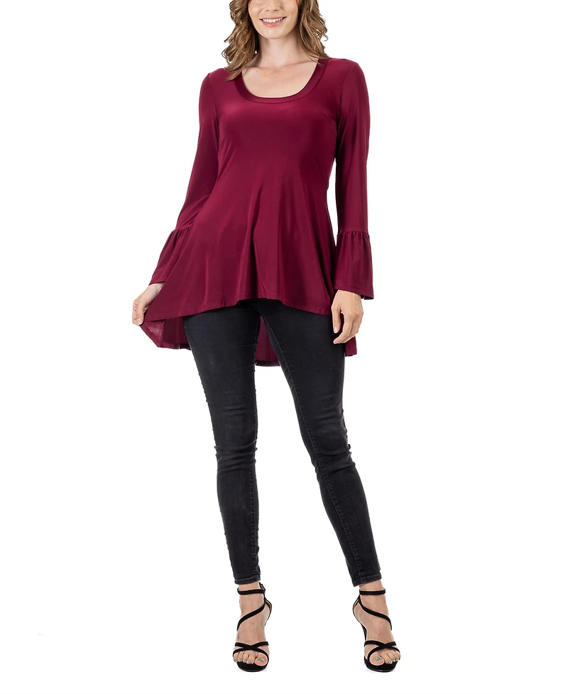 24seven Comfort Apparel Women's Long Bell Sleeve High Low Tunic Top