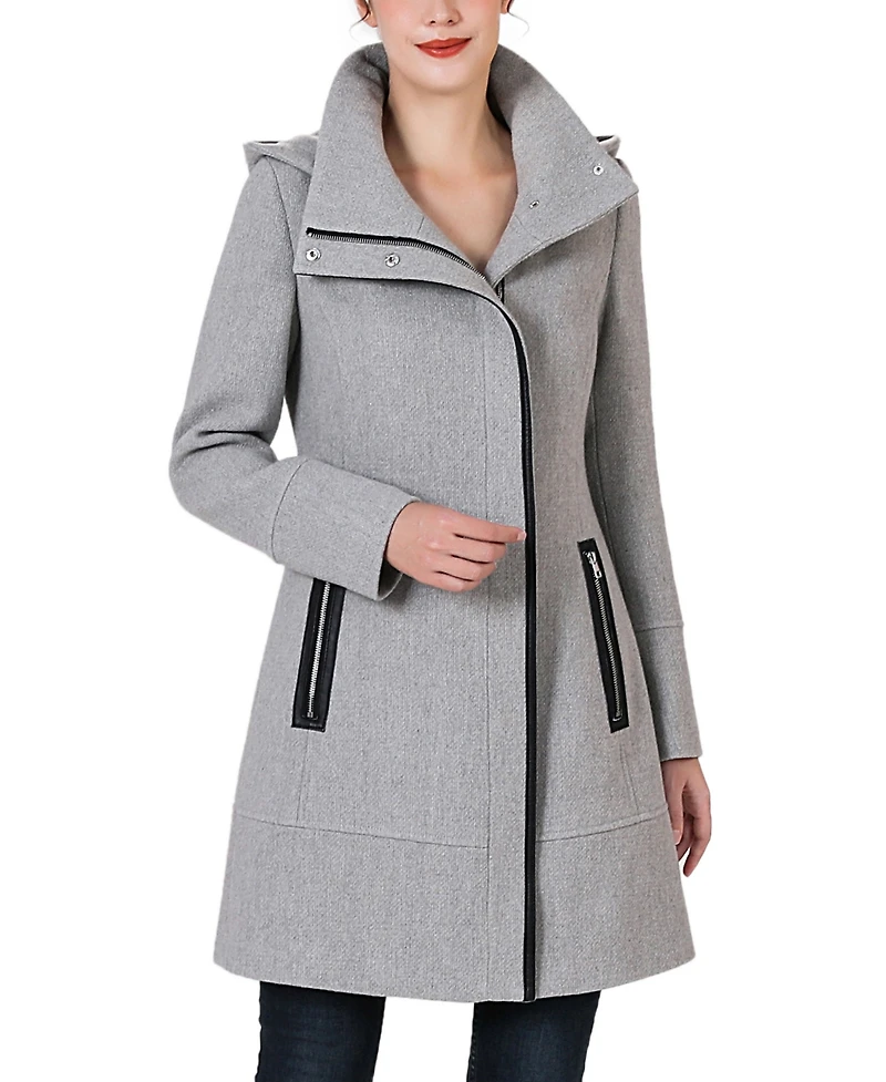 Kimi + Kai Women's Leah Asymmetrical Hooded Zipper Boucle Wool Coat