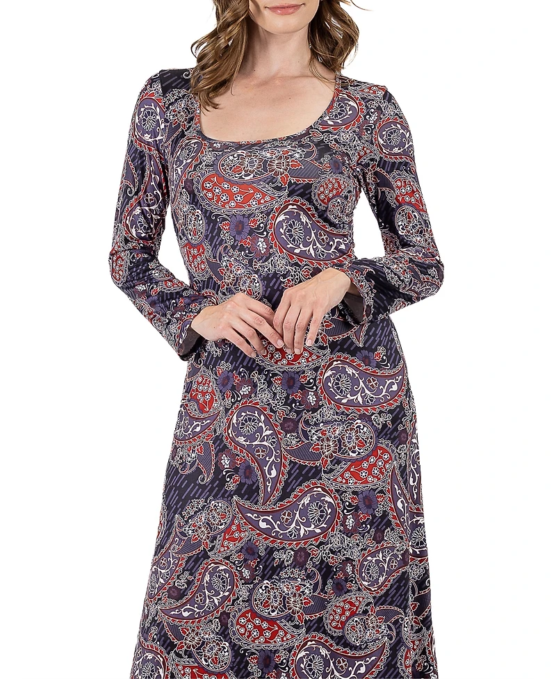 24seven Comfort Apparel Women's Long Sleeve Paisley A-Line Maxi Dress