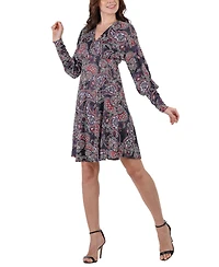 24seven Comfort Apparel Women's Paisley Long Sleeve Cocktail Dress