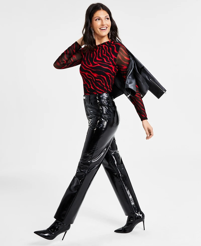 I.n.c. International Concepts Women's Printed Asymmetrical-Neck Sheer-Sleeve Top, Created for Macy's