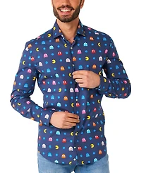 OppoSuits Big & Tall Pixel Official Pac-man Shirt - Retro Gaming Outfit Including 1 Button- Up Blue Long sleeve
