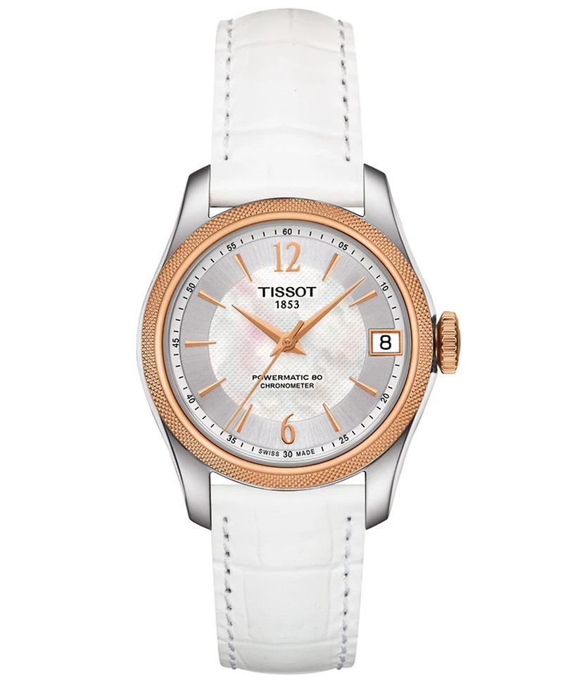 Tissot Women's Swiss Automatic Ballade Powermatic 80 Cosc White Leather Strap Watch 32mm