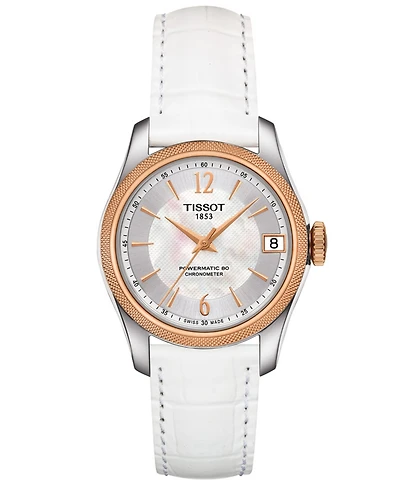 Tissot Women's Swiss Automatic Ballade Powermatic 80 Cosc White Leather Strap Watch 32mm