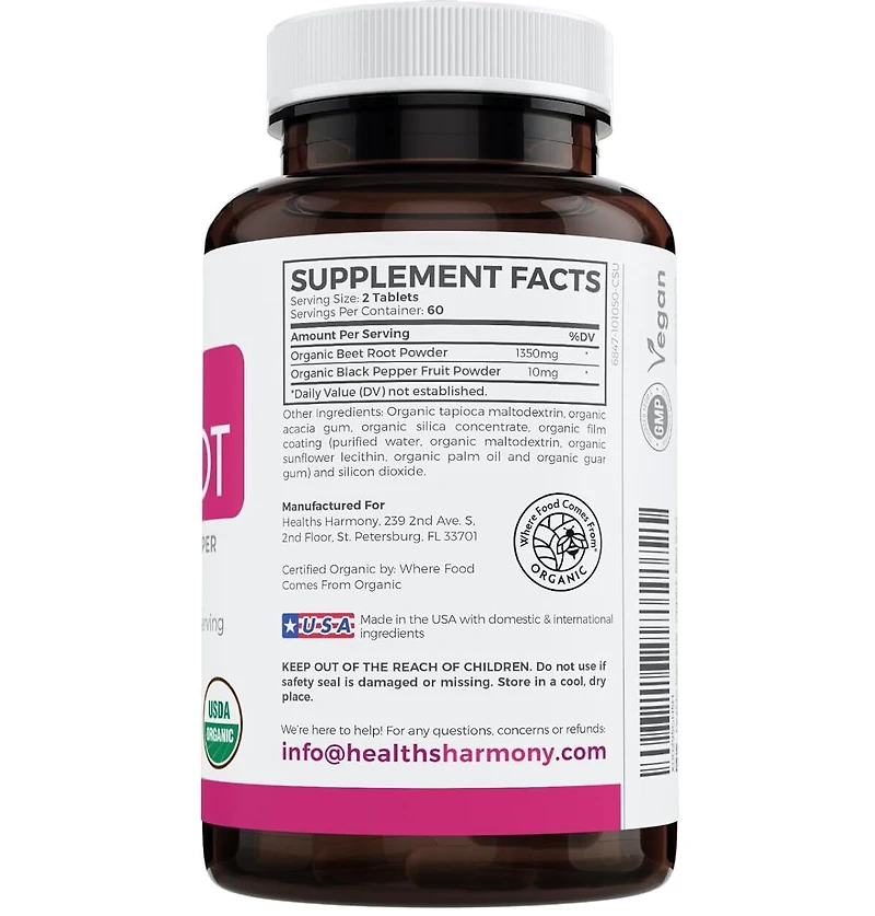 Healths Harmony Organic Beet Root Tablets, Super Antioxidant and Nitrate Supplement for Blood Pressure and Stamina, Health's Harmony, 120ct